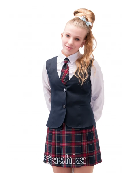 Жилет для дівчинки підлітка Sashka шкільний синій з баскою (напіввовна), розмір 152-176